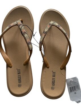 Ashley Blue Tan Beaded Thong Sandals with Multicolor Accents